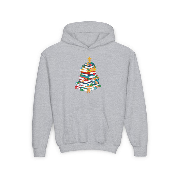 Youth Bookish Christmas Tree Hooded Sweatshirt | Cozy Holiday Hoodie for Book Lovers