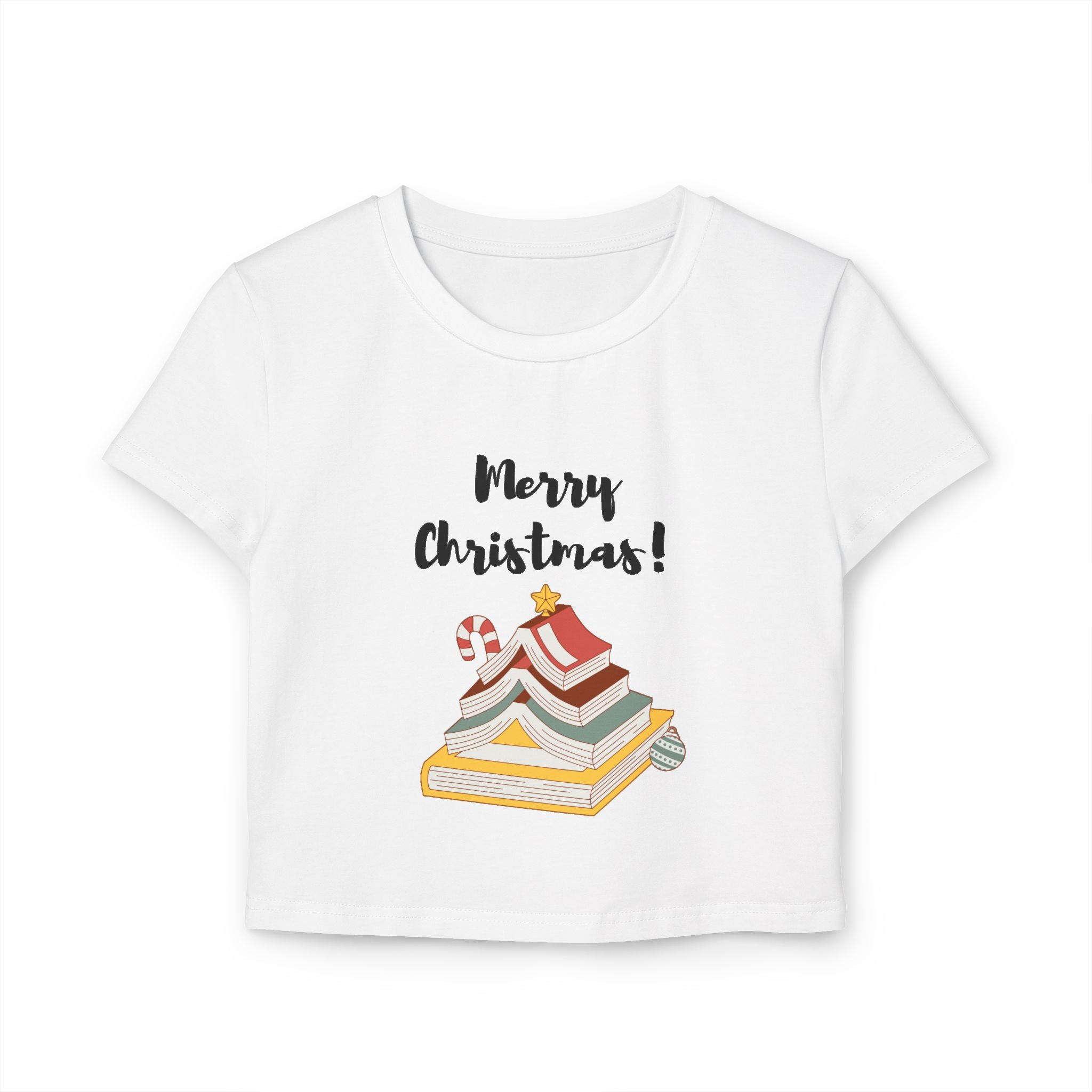 Merry Christmas and Bookish Christmas Tree Baby Tee | 100% Organic Cotton | Slim Fit | Festive Literary Design