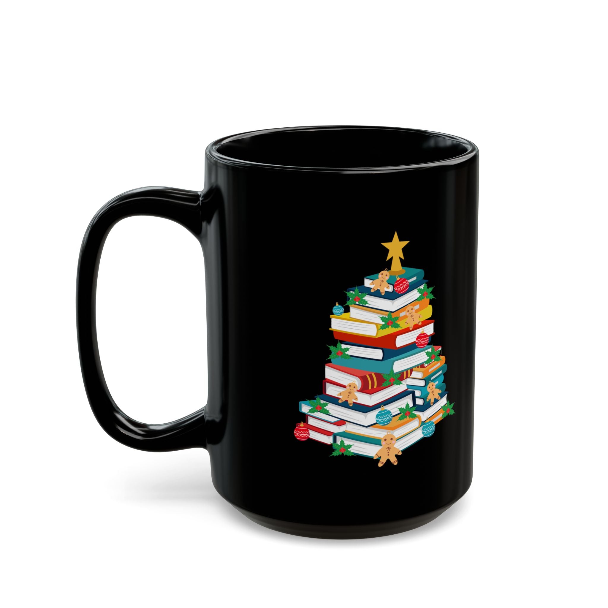 Bookish Christmas Tree Mug | Black Ceramic | Festive Design | 11oz & 15oz