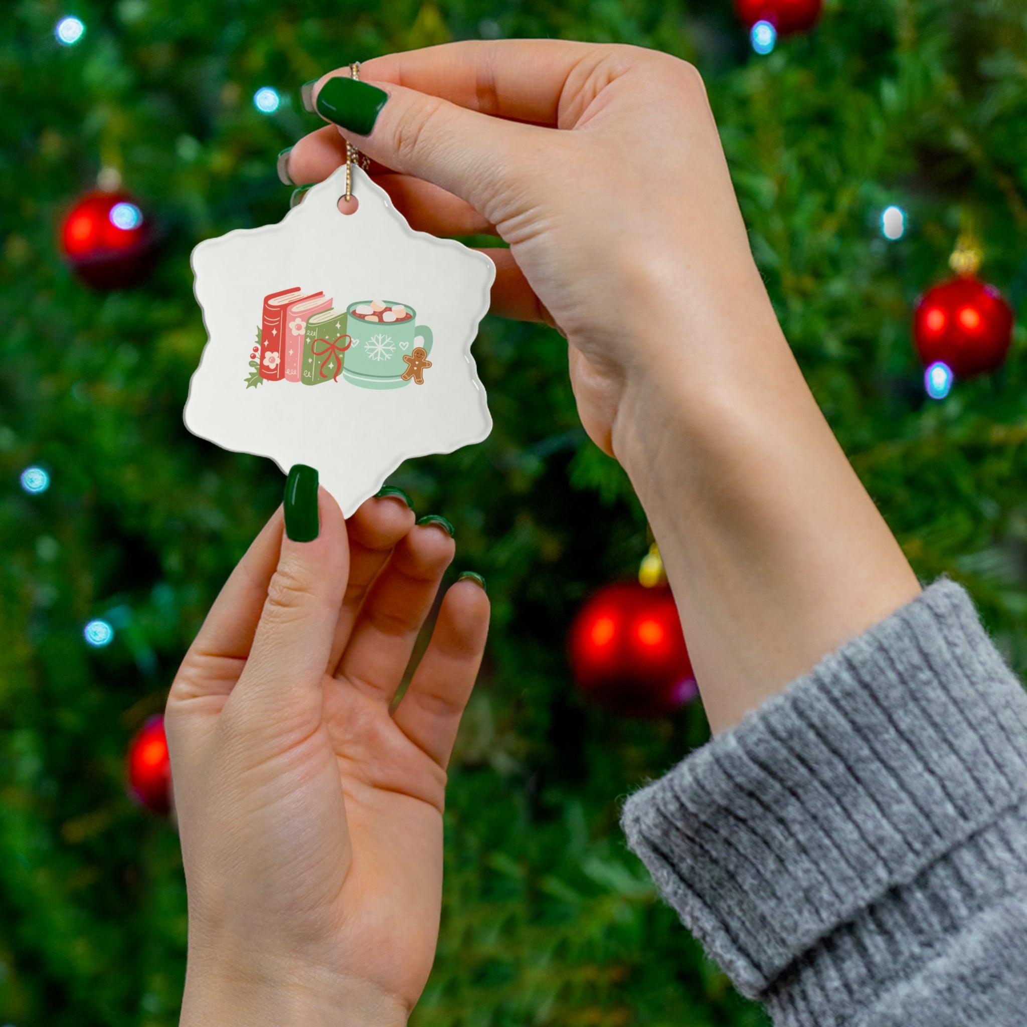 Books and Hot Cocoa Ornament | Ceramic Christmas Decoration for Book Lovers | 4 Shapes Available