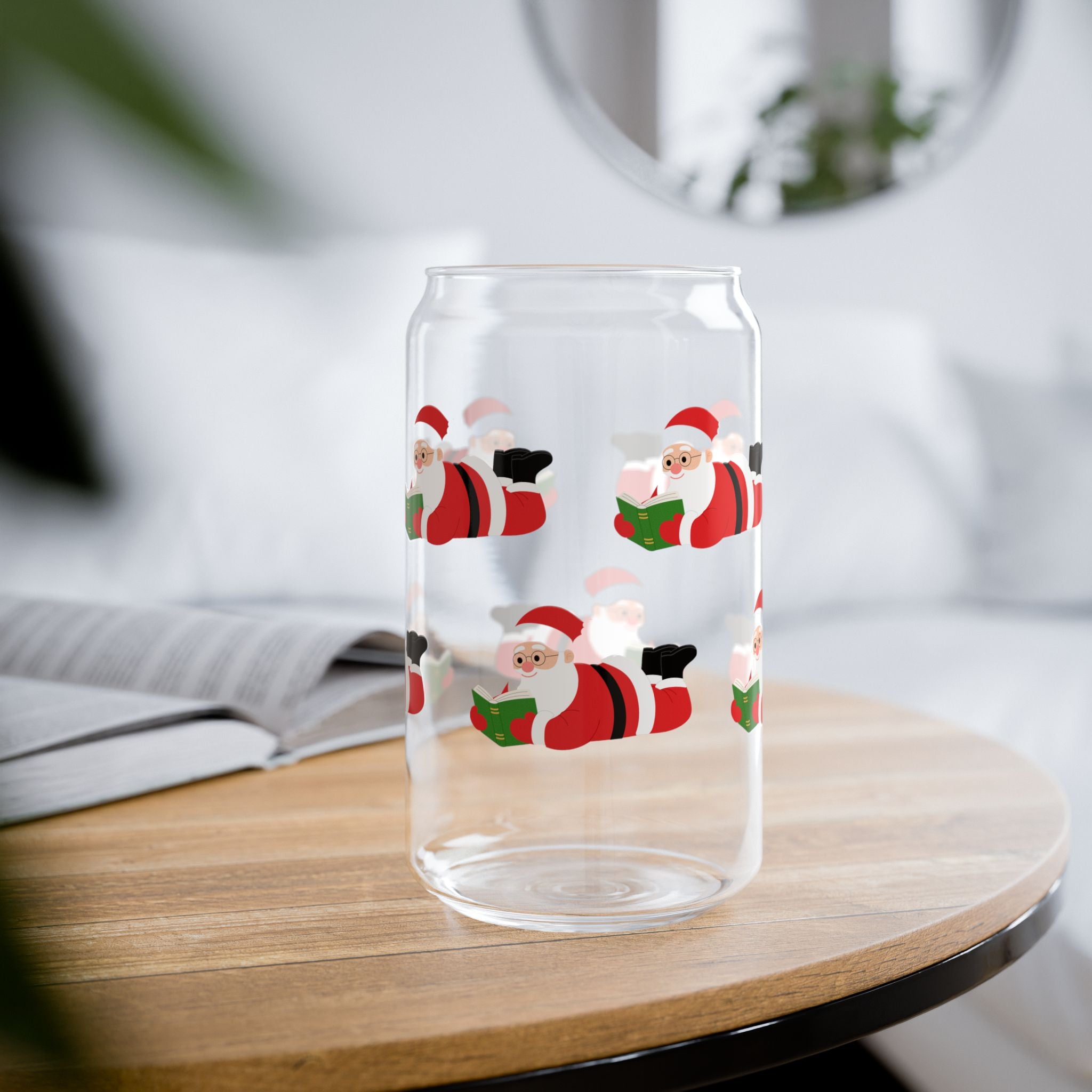 Nerdy Santa | 16oz Sipper Glass | Fun Holiday Design for Book Lovers | Christmas Cheer | Perfect for Seasonal Drinks