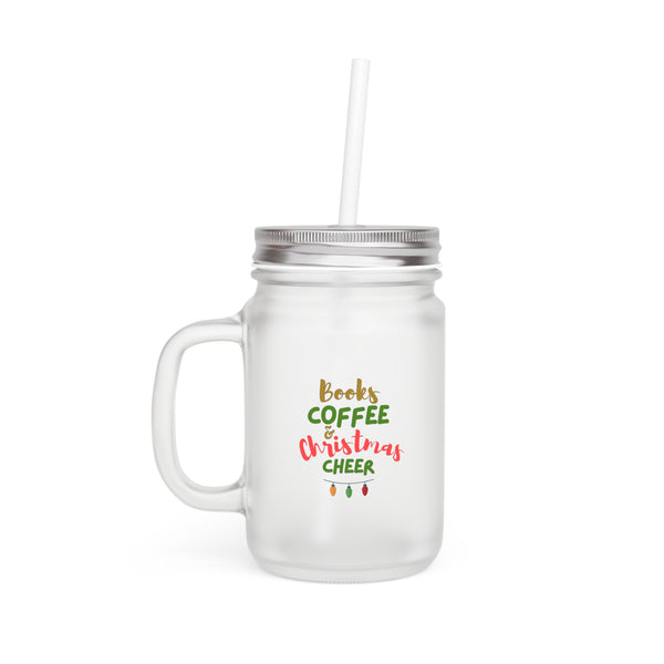 Books Coffee and Christmas Cheer Custom Mason Jar | Frosted Glass with Lid and Straw | 12oz | Perfect for Drinks & Cocktails