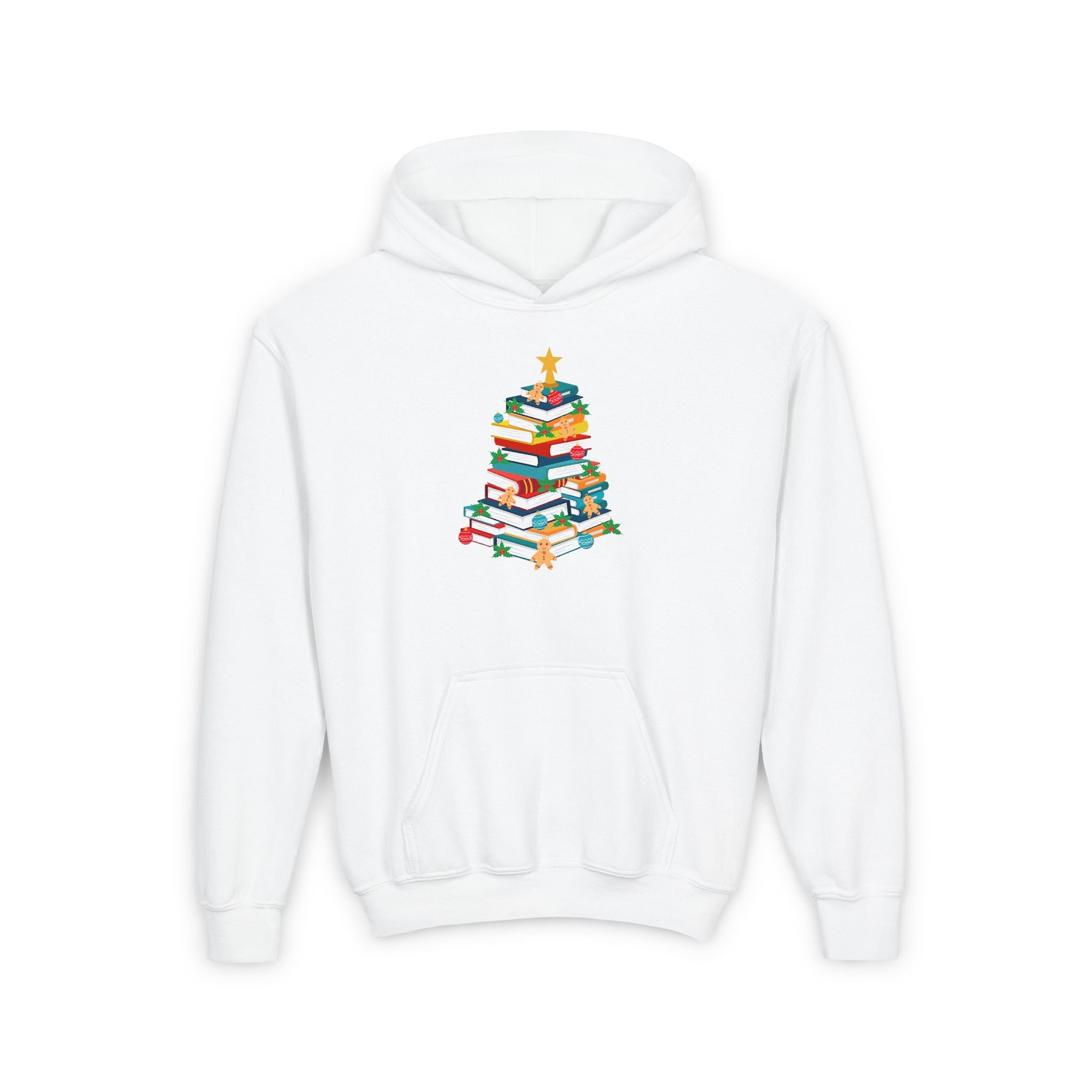 Youth Bookish Christmas Tree Hooded Sweatshirt | Cozy Holiday Hoodie for Book Lovers