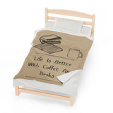 Coffee and Books Velveteen Plush Blanket | Luxuriously Soft Throw | Perfect Gift for Coffee and Book Lovers | Cozy Companion for Reading | Available in Multiple Sizes