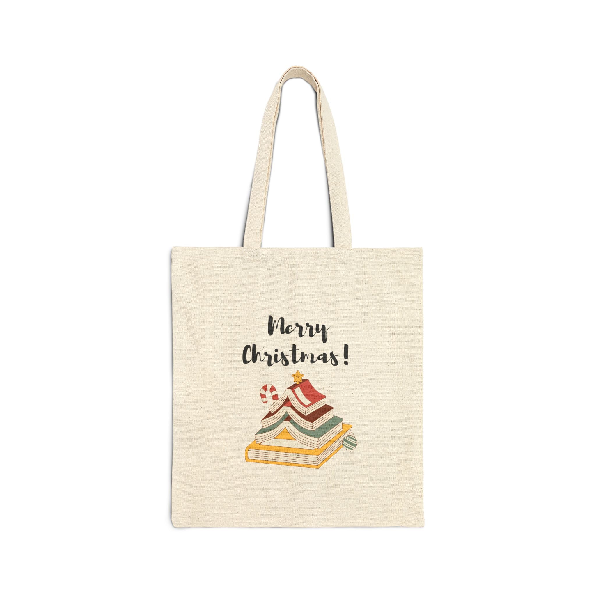 Merry Christmas Tote Bag with Bookish Christmas Tree | 100% Cotton Canvas | Festive Tote for Book Lovers | Natural Color Only