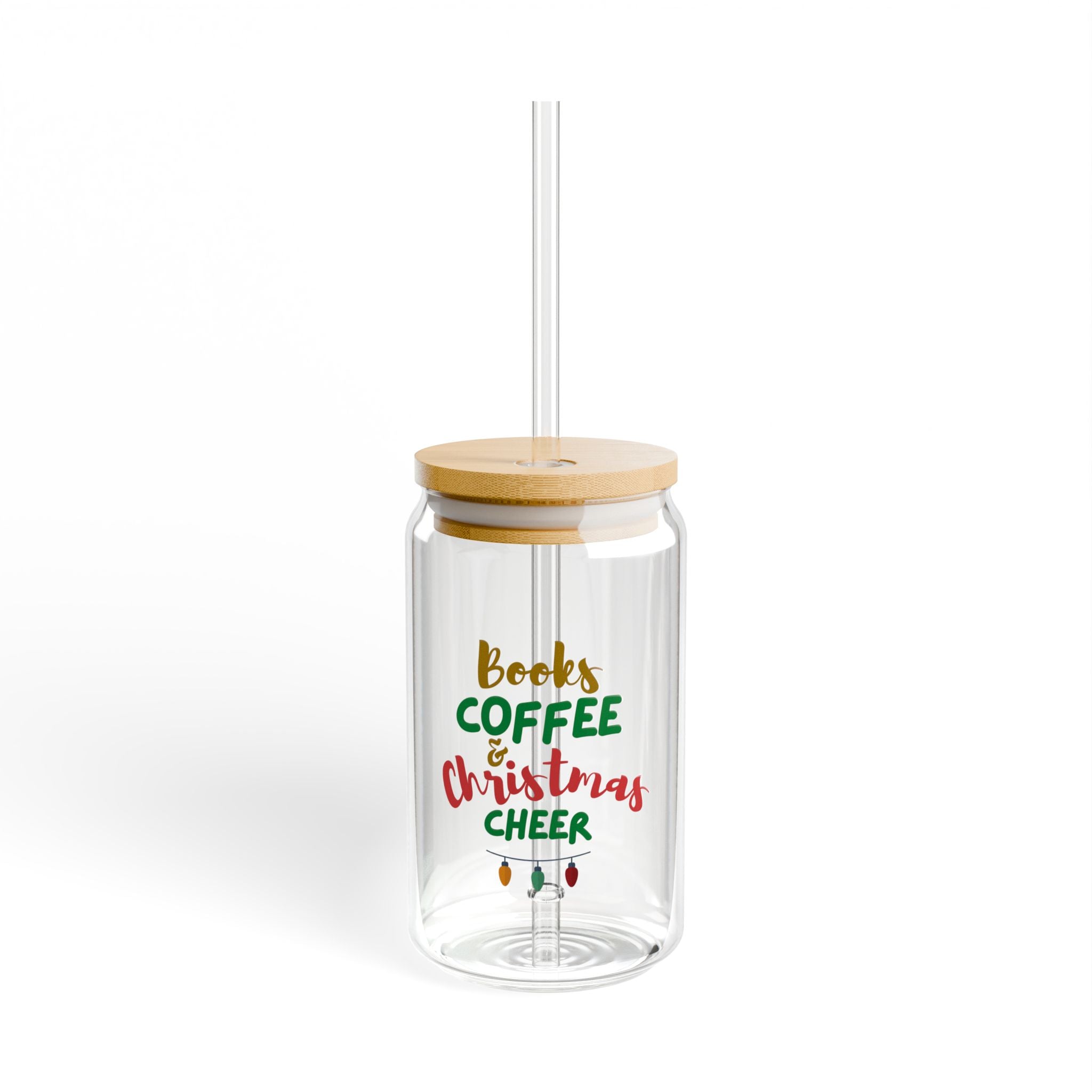 Books Coffee and Christmas Cheer 16oz Sipper Glass | Clear Tempered Glass | Optional Bamboo Lid & Straw | Durable & BPA-Free