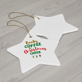 Books Coffee and Christmas Cheer Custom Ceramic Christmas Ornament | Heart, Star, Snowflake & Round Shapes | Glossy Finish