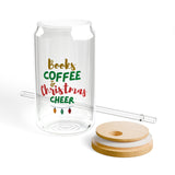 Books Coffee and Christmas Cheer 16oz Sipper Glass | Clear Tempered Glass | Optional Bamboo Lid & Straw | Durable & BPA-Free