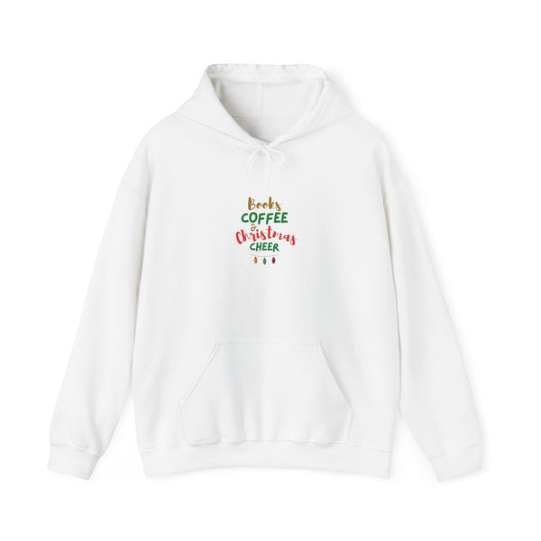 Books Coffee and Christmas Cheer Hoodie | Cozy Unisex Pullover Sweatshirt | Holiday Comfort for Book Lovers