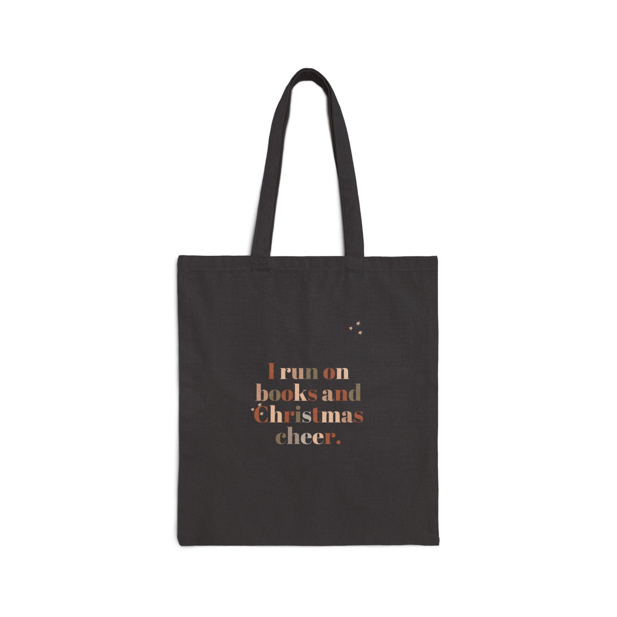 I Run on Books and Christmas Cheer Cotton Canvas Tote Bag | Durable, Stylish Book Lover’s Bag | Holiday-Themed Reusable Tote