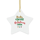 Books Coffee and Christmas Cheer Custom Ceramic Christmas Ornament | Heart, Star, Snowflake & Round Shapes | Glossy Finish