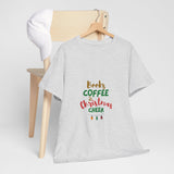 Books, Coffee, and Christmas Cheer Tee | Unisex Heavy Cotton | Holiday Design | 100% Ethically Sourced Cotton