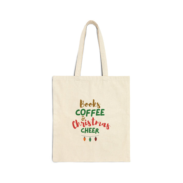 Books Coffee and Christmas Cheer Cotton Canvas Tote Bag | Durable Everyday Carry | Festive Holiday Design