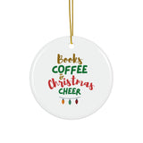 Books Coffee and Christmas Cheer Custom Ceramic Christmas Ornament | Heart, Star, Snowflake & Round Shapes | Glossy Finish