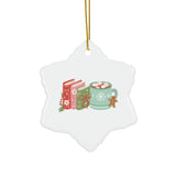 Books and Hot Cocoa Ornament | Ceramic Christmas Decoration for Book Lovers | 4 Shapes Available