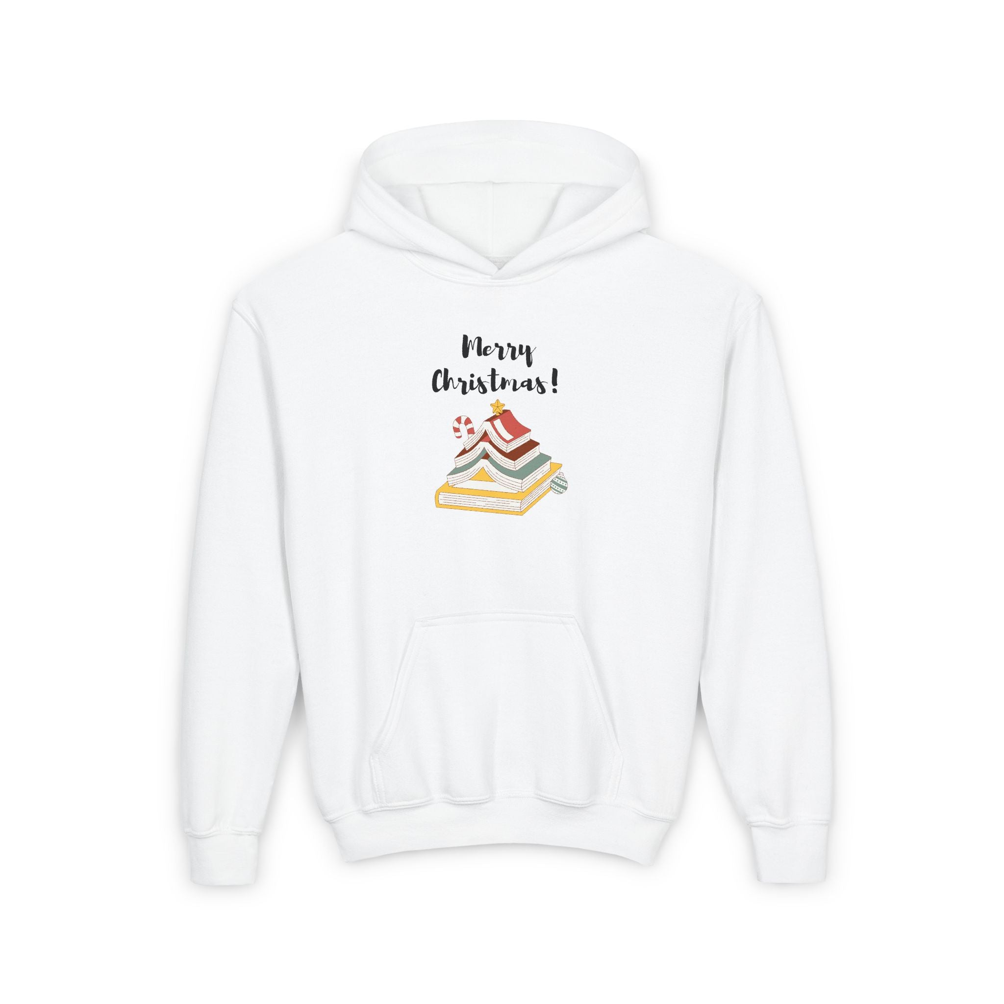 Merry Christmas with Bookish Christmas Tree | Youth Hooded Sweatshirt | Cozy Holiday Gift for Book Lovers