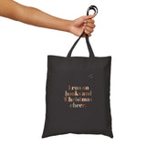 I Run on Books and Christmas Cheer Cotton Canvas Tote Bag | Durable, Stylish Book Lover’s Bag | Holiday-Themed Reusable Tote