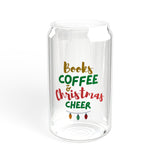 Books Coffee and Christmas Cheer 16oz Sipper Glass | Clear Tempered Glass | Optional Bamboo Lid & Straw | Durable & BPA-Free