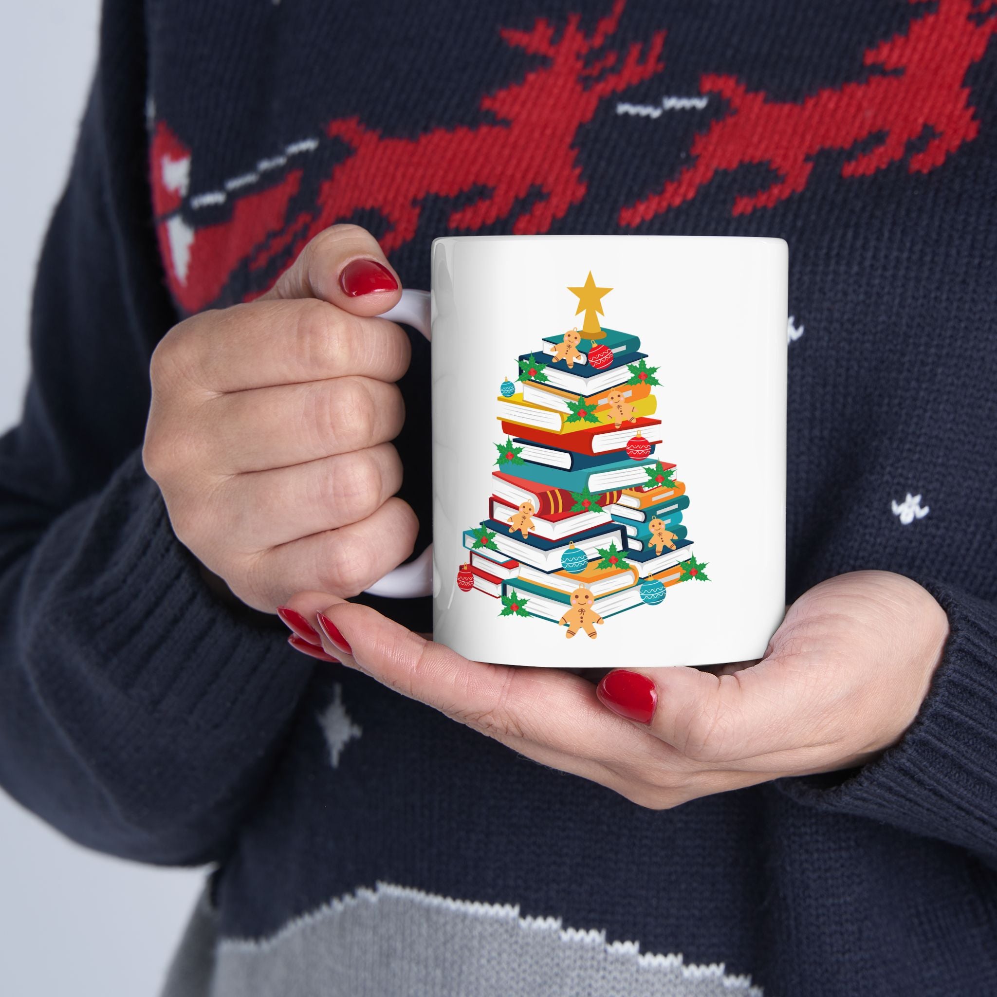 Bookish Christmas Tree Mug | Vivid Ceramic Coffee Mug | Holiday Book Lover’s Gift