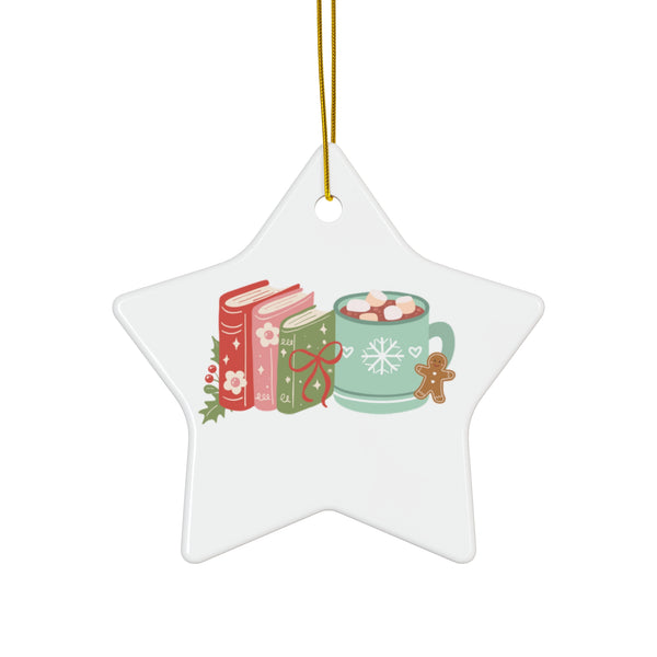 Books and Hot Cocoa Ornament | Ceramic Christmas Decoration for Book Lovers | 4 Shapes Available