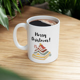 Merry Christmas with Bookish Christmas Tree Mug | Ceramic Holiday Mug for Book Lovers