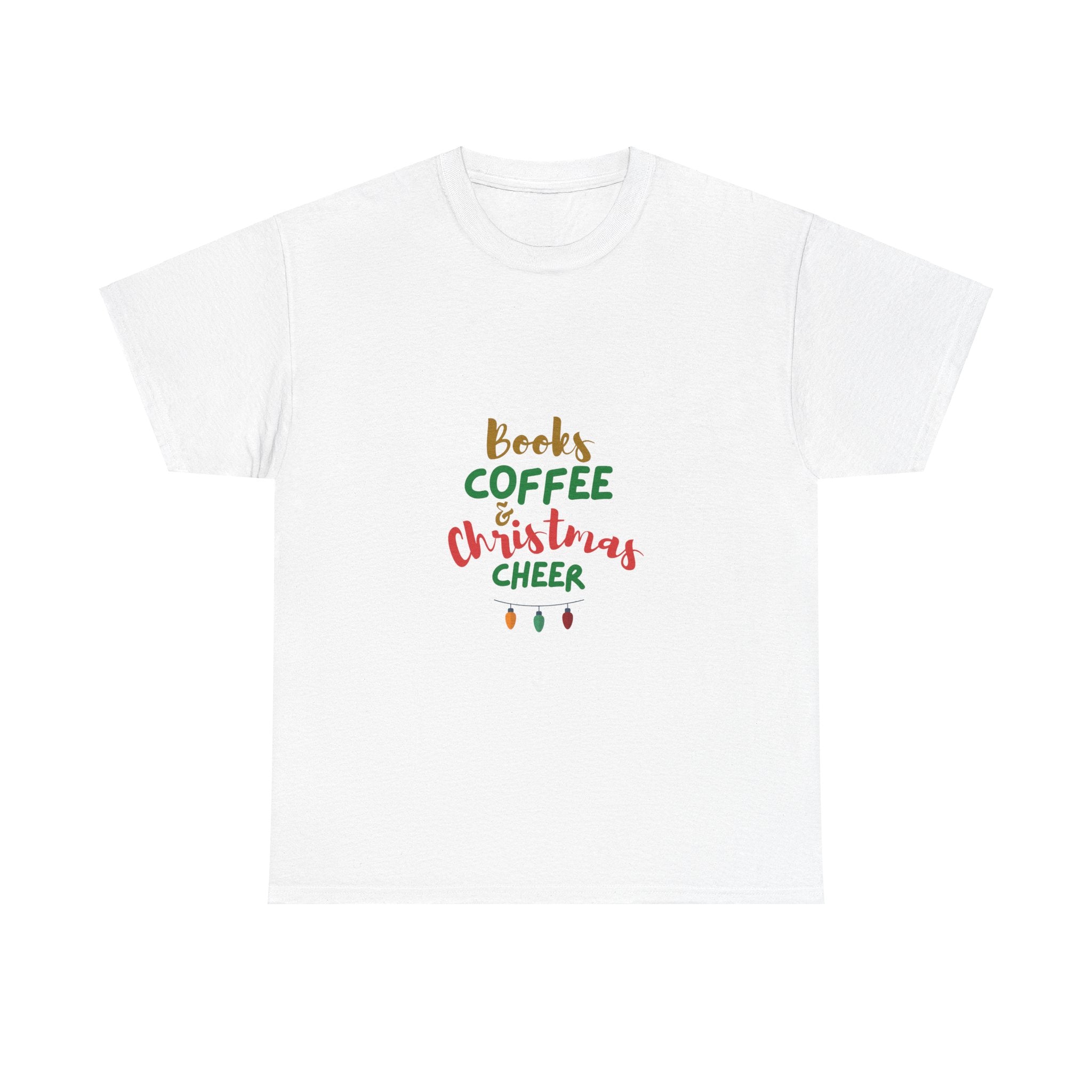 Books, Coffee, and Christmas Cheer Tee | Unisex Heavy Cotton | Holiday Design | 100% Ethically Sourced Cotton