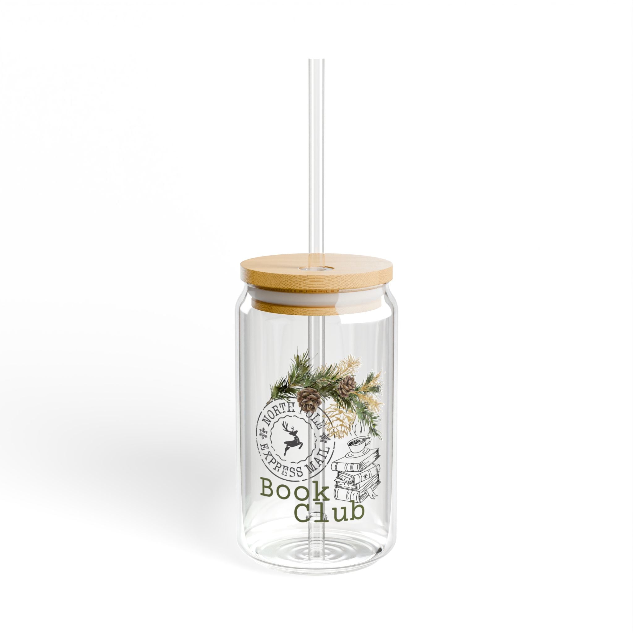 North Pole Book Club | 16oz Sipper Glass | Festive Holiday Design | Ideal for Christmas Beverages | BPA-Free Glassware