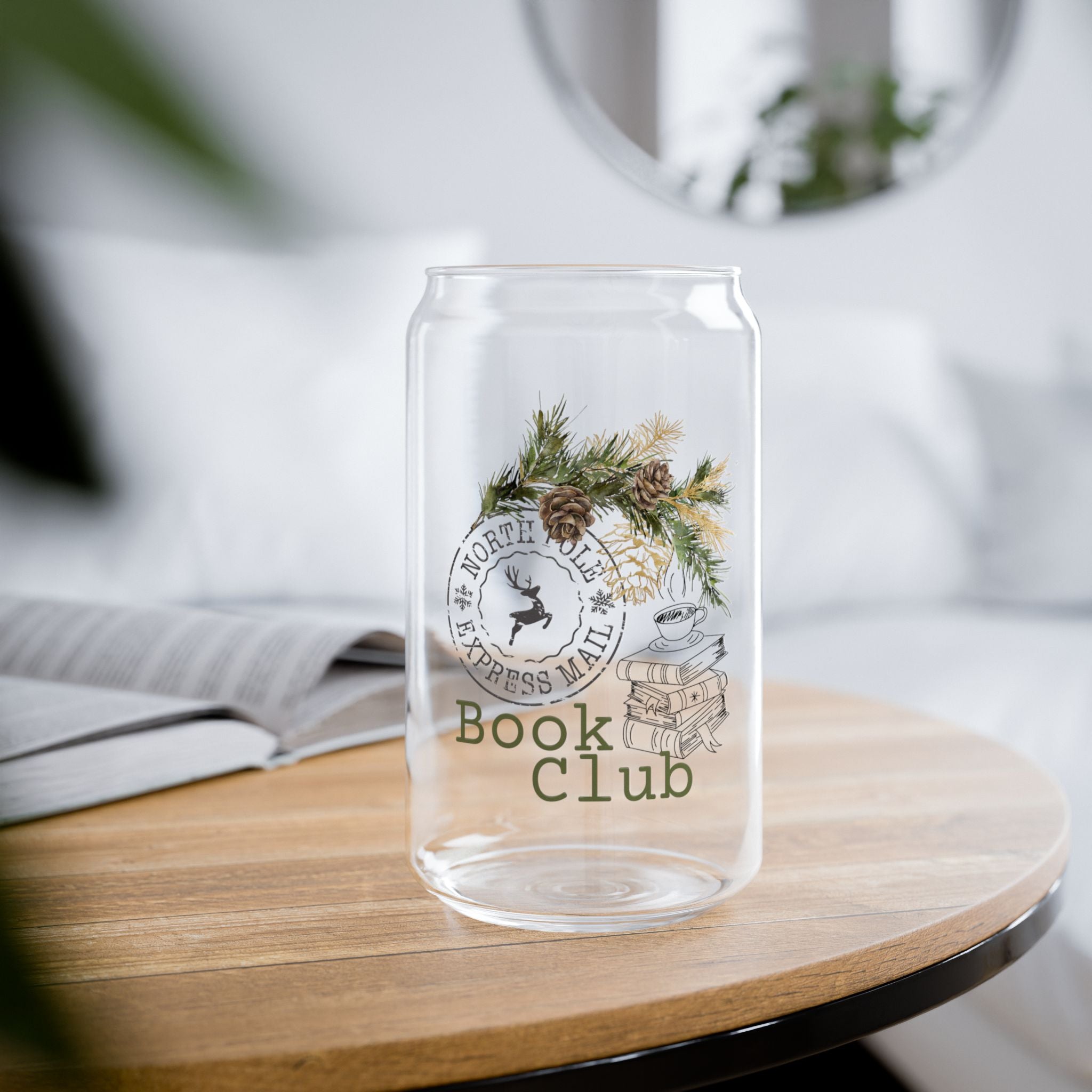 North Pole Book Club | 16oz Sipper Glass | Festive Holiday Design | Ideal for Christmas Beverages | BPA-Free Glassware