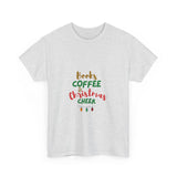 Books, Coffee, and Christmas Cheer Tee | Unisex Heavy Cotton | Holiday Design | 100% Ethically Sourced Cotton