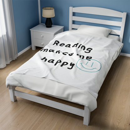 Reading Makes Me Happy Velveteen Plush Blanket | Ultra-Soft Throw | Perfect Gift for Book Lovers | Cozy Reading Companion | Available in Various Sizes