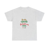 Books, Coffee, and Christmas Cheer Tee | Unisex Heavy Cotton | Holiday Design | 100% Ethically Sourced Cotton