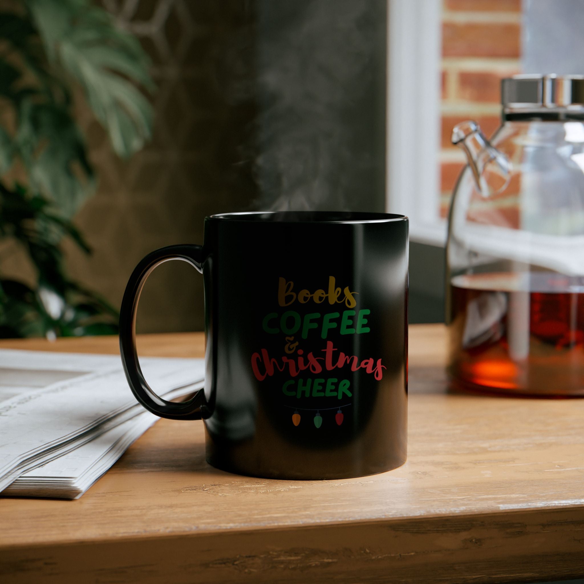 Books Coffee and Christmas Cheer Custom Black Ceramic Mug | 11oz & 15oz | Durable, BPA & Lead-Free | Microwave & Dishwasher Safe