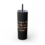 I Run on Books and Christmas Cheer 20oz Skinny Tumbler with Straw | Insulated Drinkware for Book Lovers | Festive Holiday Gift | Durable and Stylish Design