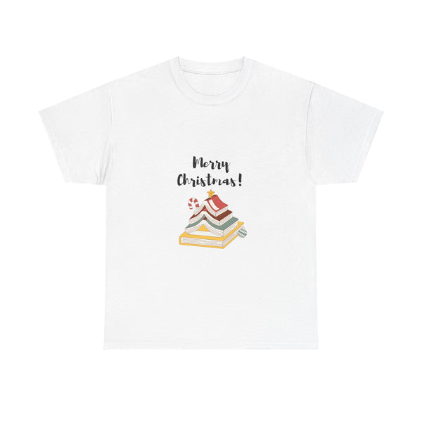 Merry Christmas with Bookish Christmas Tree Tee | Holiday Edition for Book Lovers | Unisex Cotton T-Shirt