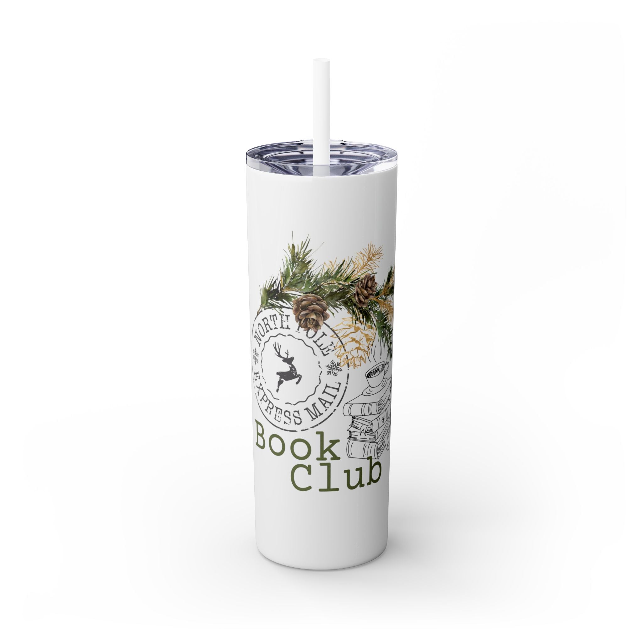 North Pole Book Club Skinny Tumbler | 20oz | Double-Wall Insulation | Festive Literary Design