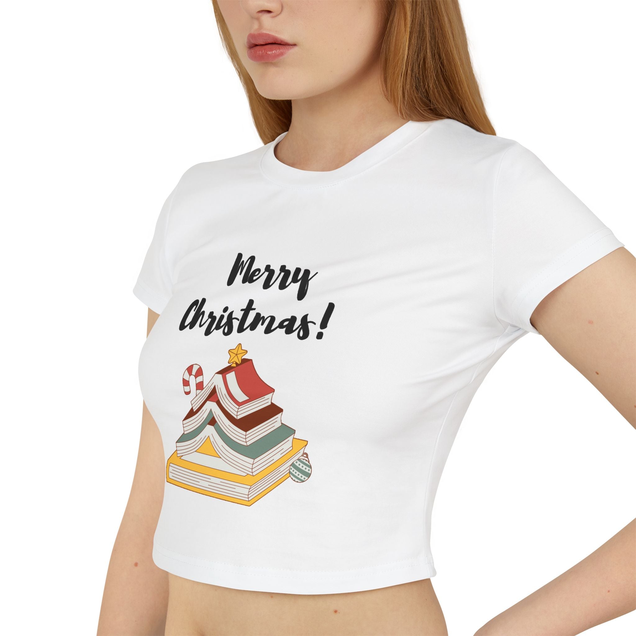 Merry Christmas and Bookish Christmas Tree Baby Tee | 100% Organic Cotton | Slim Fit | Festive Literary Design