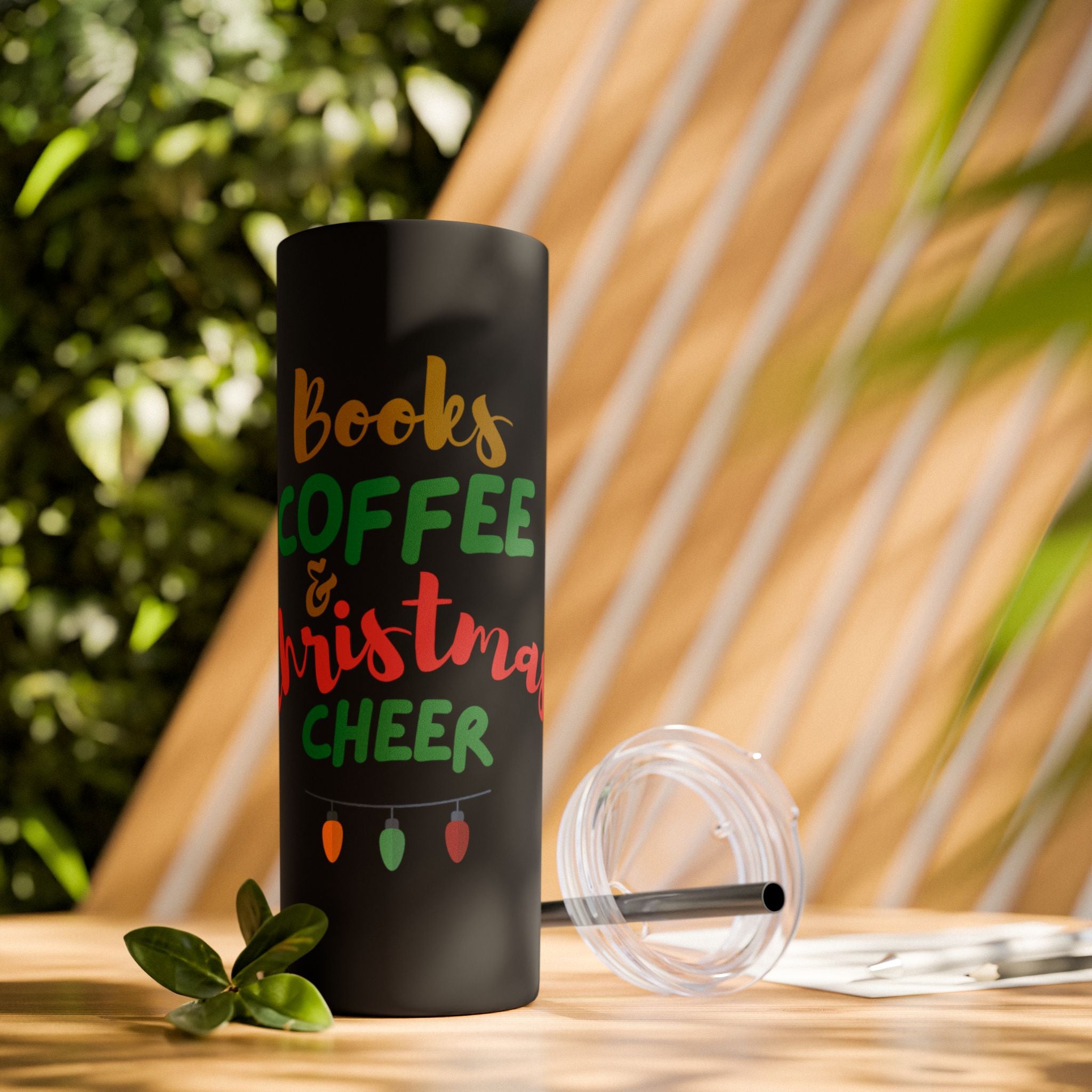 Books Coffee and Christmas Cheer Skinny Tumbler | 20oz Insulated Stainless Steel | Includes Straw | Perfect for Hot & Cold Drinks