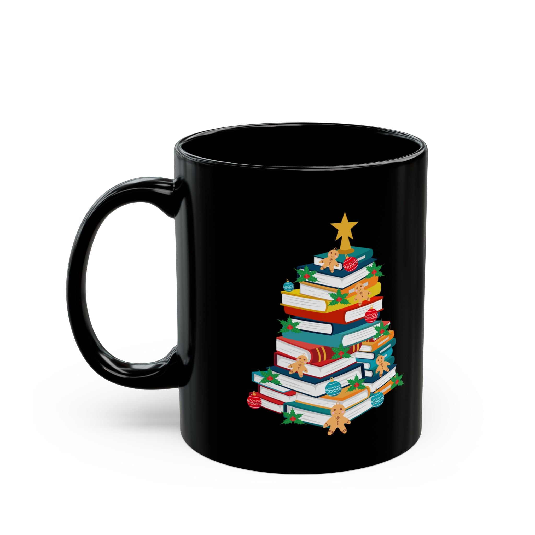 Bookish Christmas Tree Mug | Black Ceramic | Festive Design | 11oz & 15oz