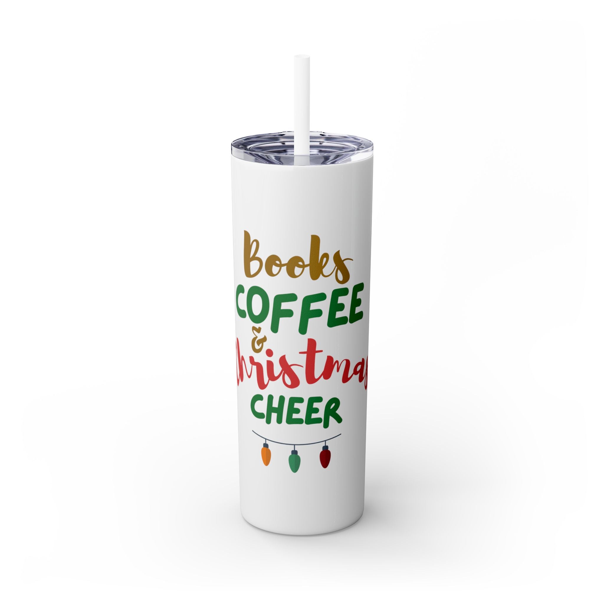 Books Coffee and Christmas Cheer Skinny Tumbler | 20oz Insulated Stainless Steel | Includes Straw | Perfect for Hot & Cold Drinks