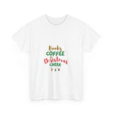 Books, Coffee, and Christmas Cheer Tee | Unisex Heavy Cotton | Holiday Design | 100% Ethically Sourced Cotton