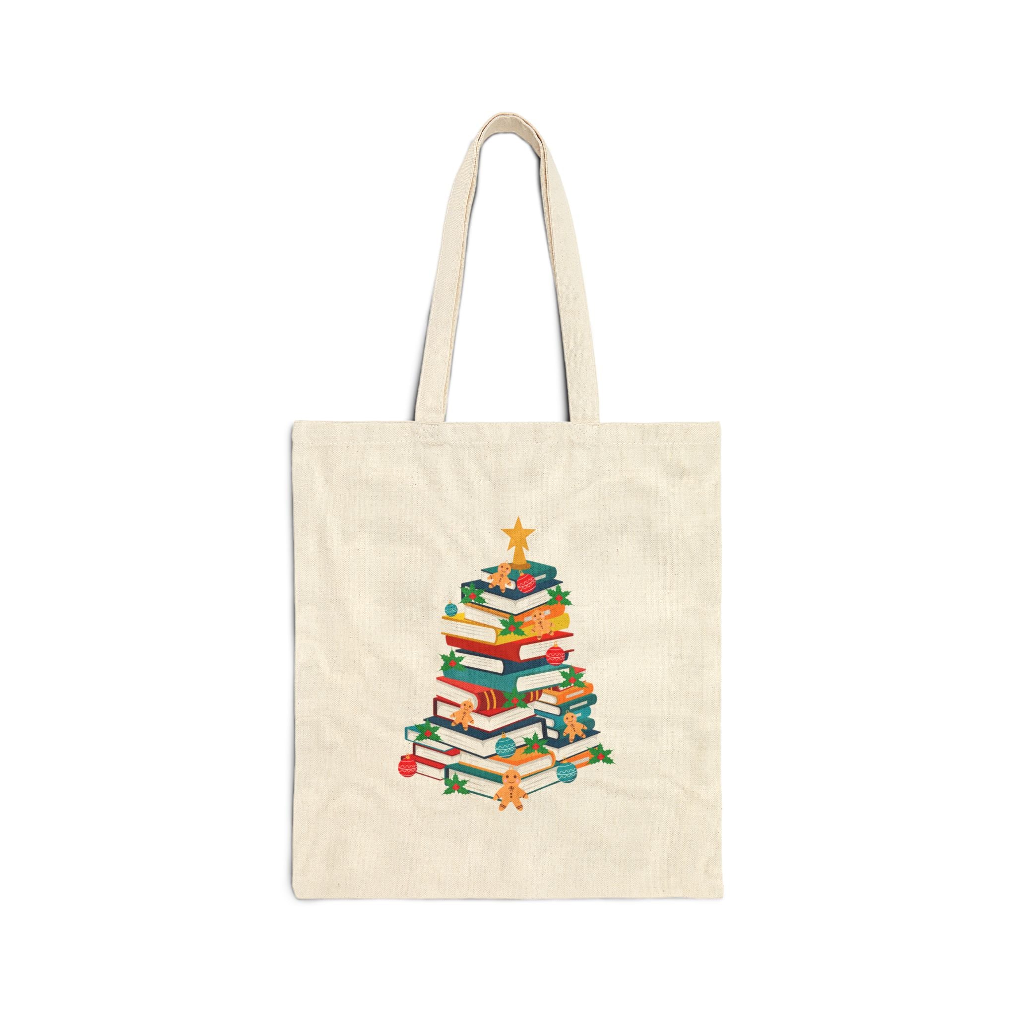 Bookish Christmas Tree Tote Bag | Gingerbread & Star Design | Durable 100% Cotton Canvas | Holiday-Themed Reusable Bag for Book Lovers