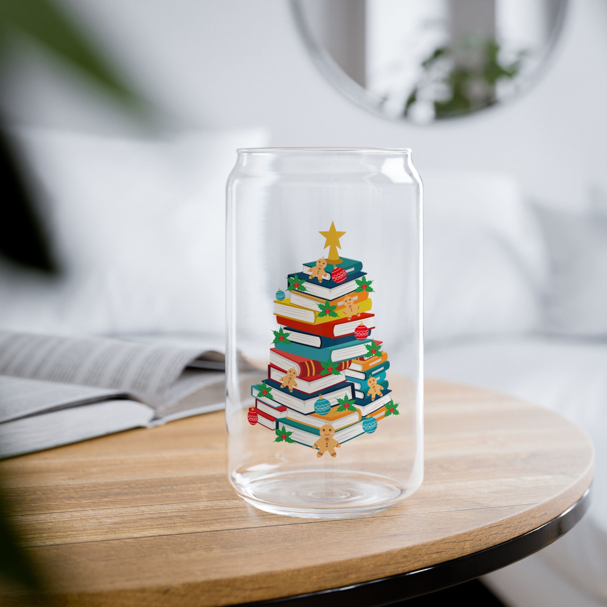 Bookish Christmas Tree | 16oz Sipper Glass | Festive Book Lover's Design | Holiday Cheer | Perfect for Readers and Beverage Lovers