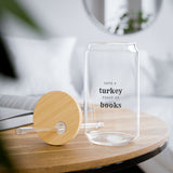 Save a Turkey, Read Books Can Glass | Thanksgiving-Themed Sipper Glass | Durable, Fun Design | Perfect for Book Lovers | 16oz Clear Tempered Glass | Ideal for Any Beverage