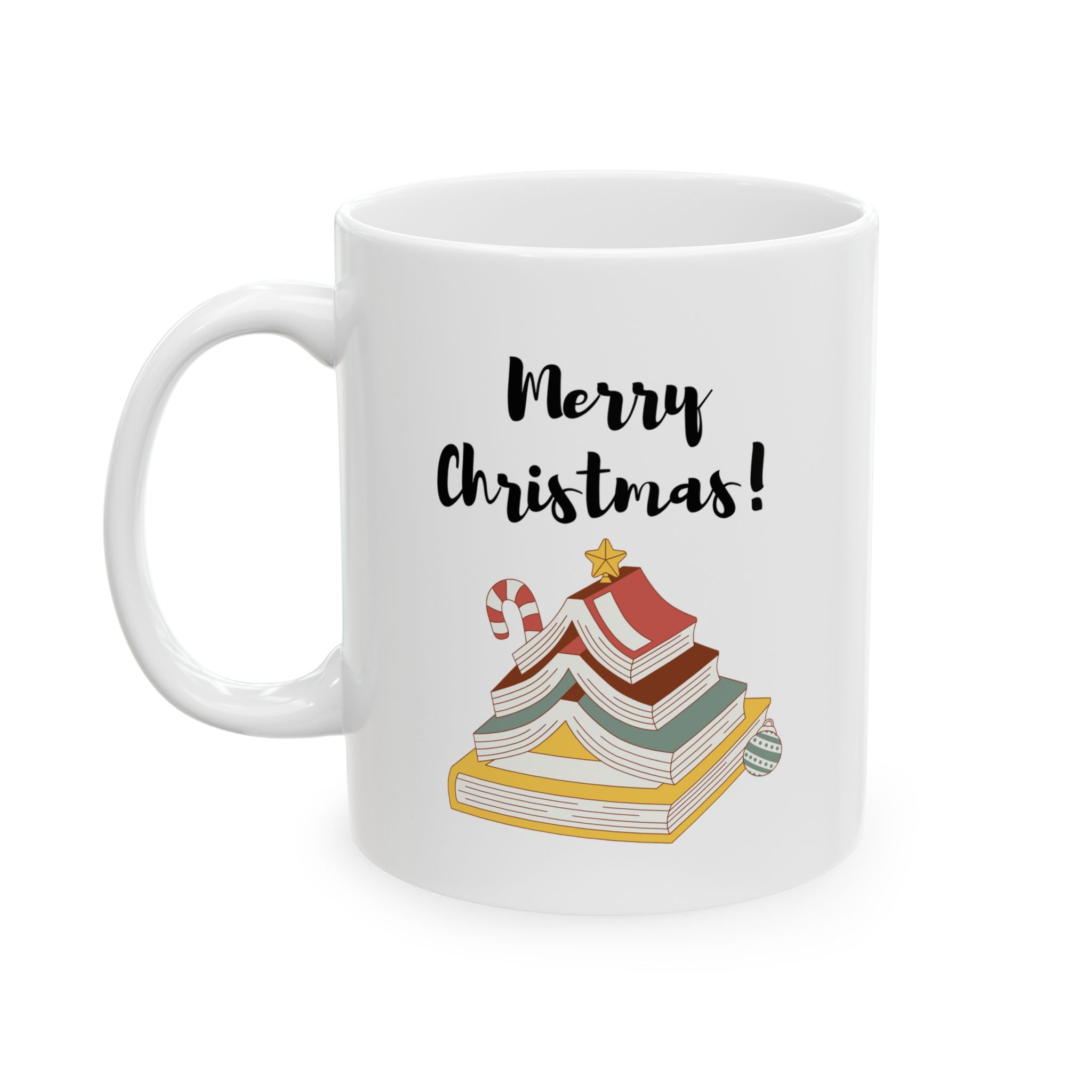 Merry Christmas with Bookish Christmas Tree Mug | Ceramic Holiday Mug for Book Lovers