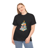 Bookish Christmas Tree Tee | Festive Design for Book Lovers | Unisex Cotton T-Shirt | Holiday Edition