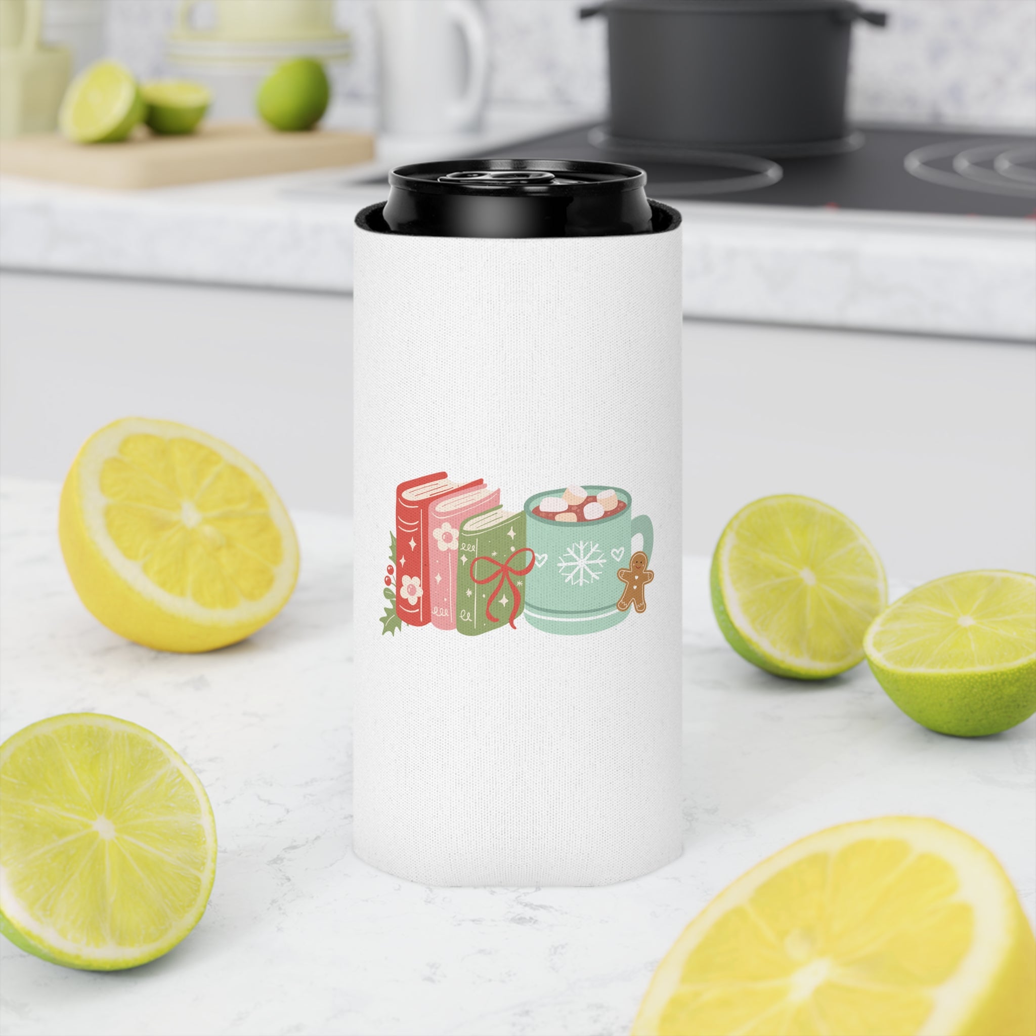 Books and Hot Cocoa | Festive Insulated Can Coolers | Cozy Holiday Drinkware