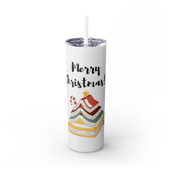 Merry Christmas Bookish Christmas Tree Skinny Tumbler | 20oz | Double-Wall Insulation | Festive Book Lover Design