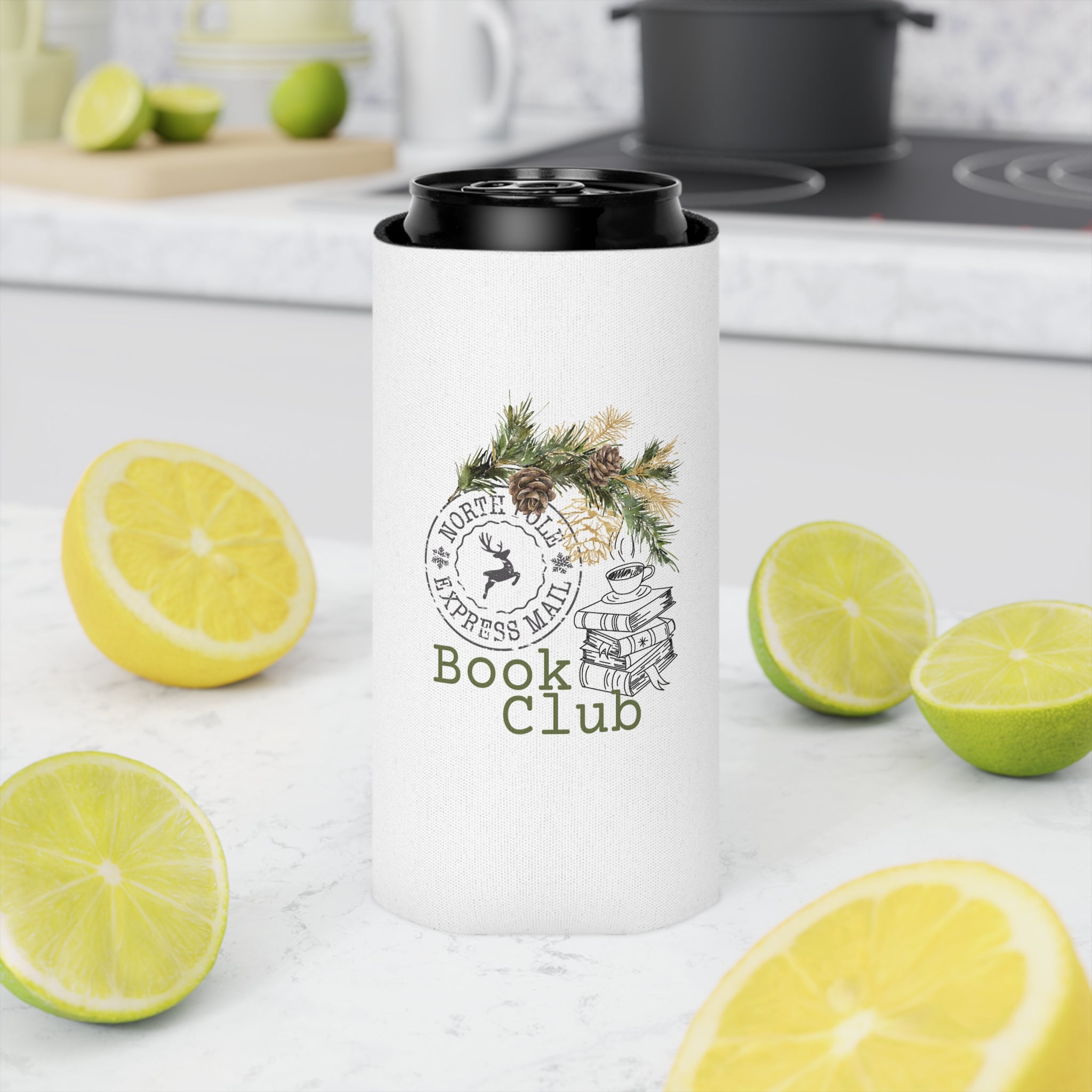 North Pole Book Club | Insulated Can Coolers | Festive Holiday Drink Accessory