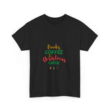 Books, Coffee, and Christmas Cheer Tee | Unisex Heavy Cotton | Holiday Design | 100% Ethically Sourced Cotton