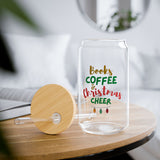 Books Coffee and Christmas Cheer 16oz Sipper Glass | Clear Tempered Glass | Optional Bamboo Lid & Straw | Durable & BPA-Free